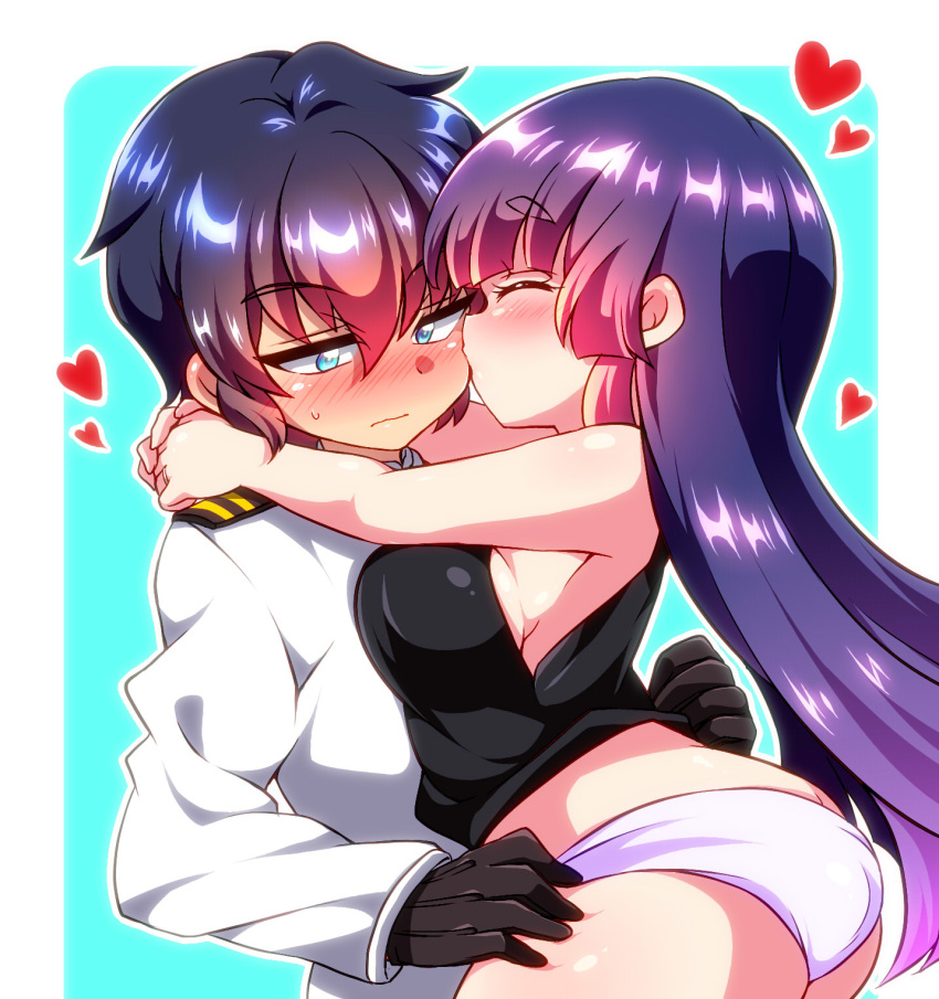 1boy, 1girl, black_gloves, blue_background, blue_eyes, blue_hair, blush, breasts