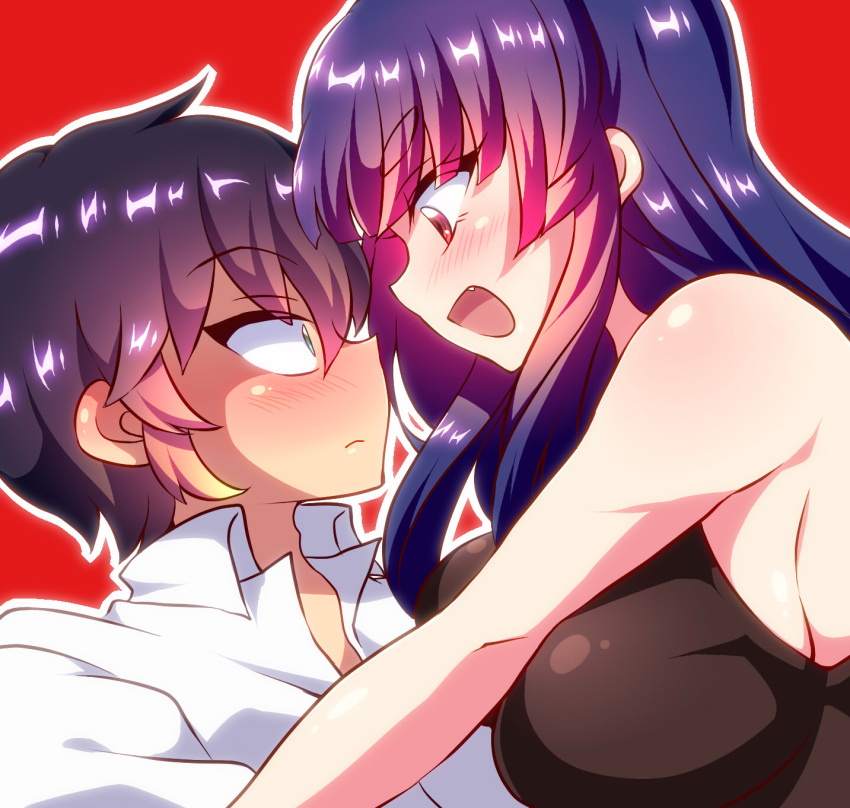 1boy, 1girl, blue_eyes, blue_hair, blush, breasts, fang, gradient_hair, highres, jinguu_yakumo, large_breasts, long_hair, looking_at_another, multicolored_hair, natsu_hotaru, open_mouth, original, pink_eyes, pink_hair, red_background, sakakibara_yukino, short_hair, simple_background