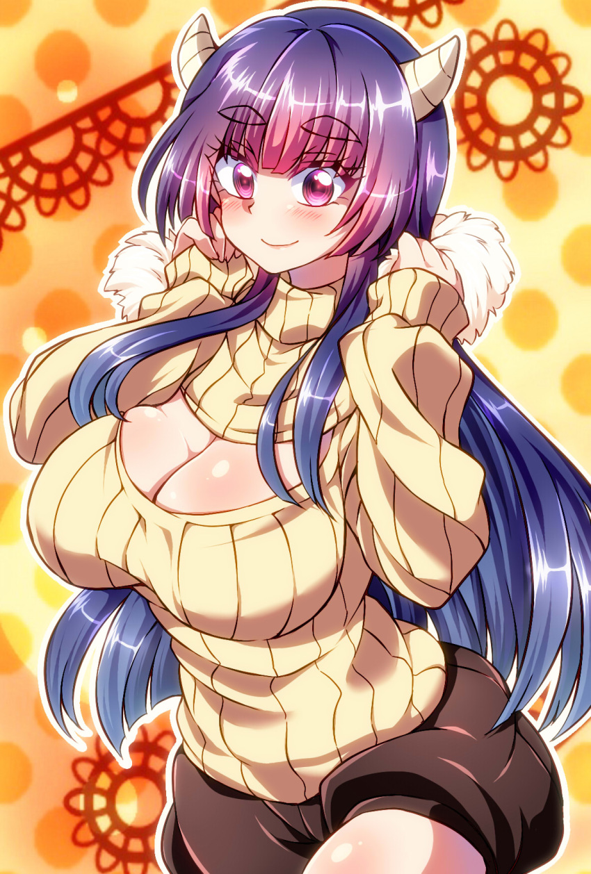 1girl, blue_hair, breasts, cleavage, cleavage_cutout, eyebrows, gradient_hair, highres