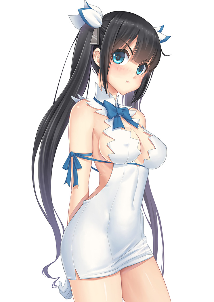 1girl, black_hair, blue_eyes, breasts, cleavage, covered_navel, dungeon_ni_deai_wo_motomeru_no_wa_machigatteiru_darou_ka, gloves