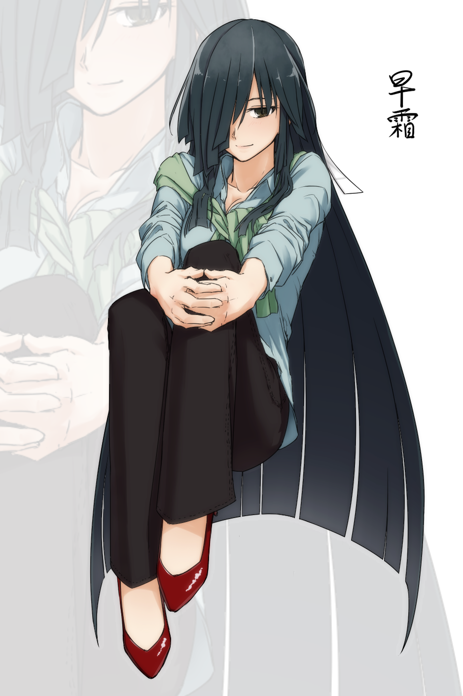 1girl, black_hair, black_pants, brown_eyes, casual, collared_shirt, enoshito, hair_over_one_eye, hands_on_knee, hayashimo_(kantai_collection), highres, kantai_collection, long_hair, looking_at_viewer, older, pants, red_shoes, shirt, shoes, smile, solo, very_long_hair, white_background, zoom_layer