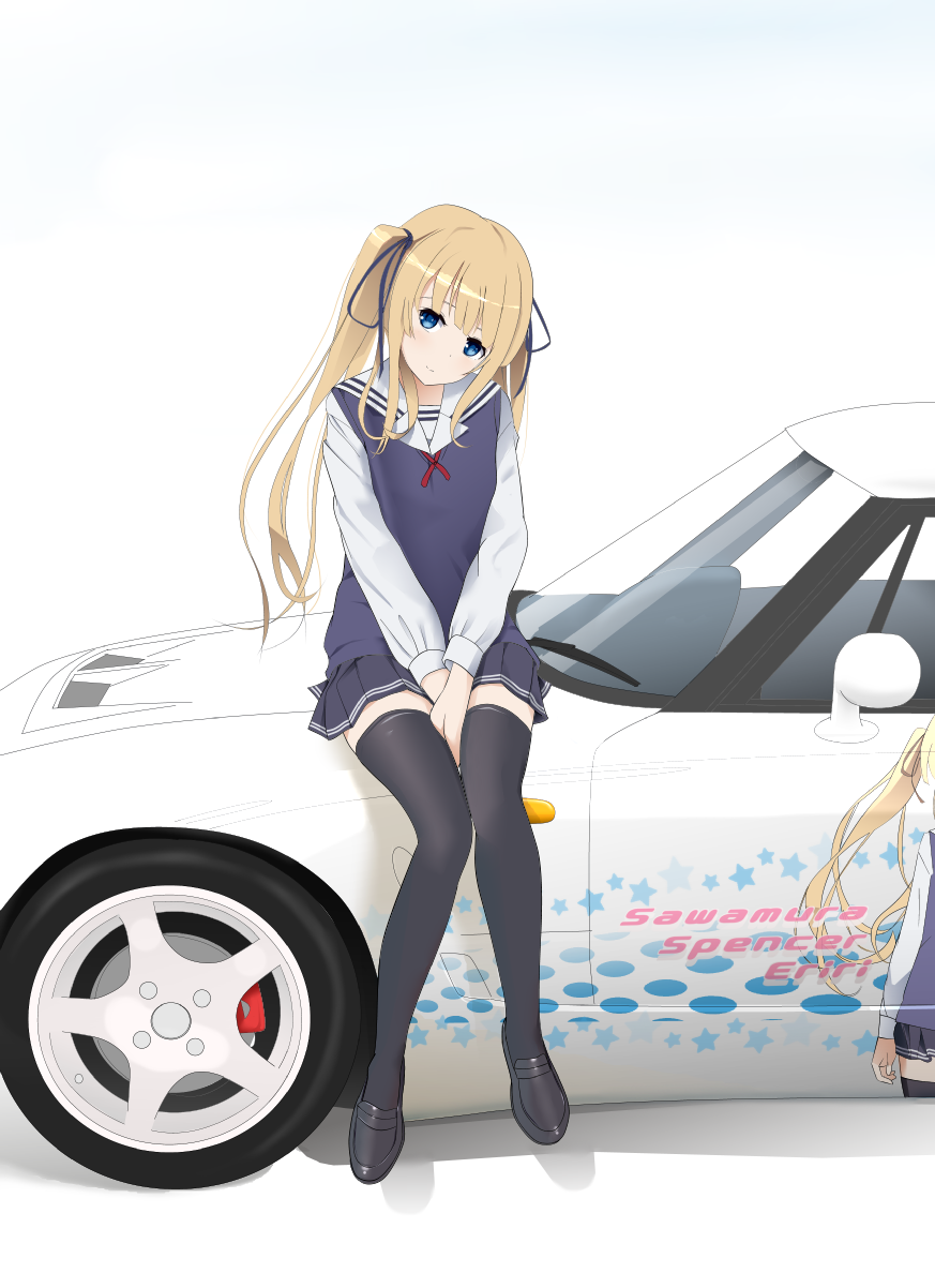 1girl, black_legwear, blonde_hair, blue_eyes, car, hair_ribbon, highres, itasha, loafers, long_hair, long_sleeves, motor_vehicle, ohjin, revision, ribbon, saenai_heroine_no_sodatekata, sawamura_spencer_eriri, school_uniform, shoes, sitting, sitting_on_car, skirt, smile, solo, sweater_vest, thigh-highs, twintails, vehicle, zettai_ryouiki