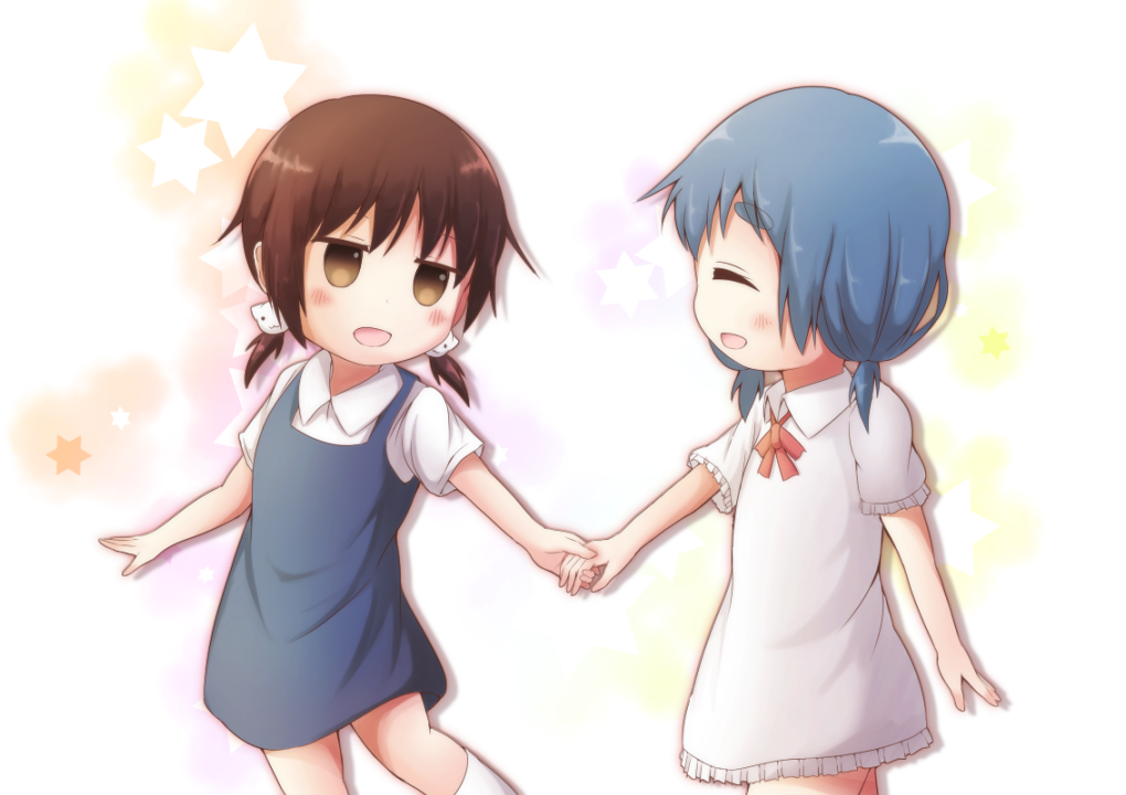 2girls, :d, ^_^, black_hair, blue_dress, blue_hair, braid, brown_eyes