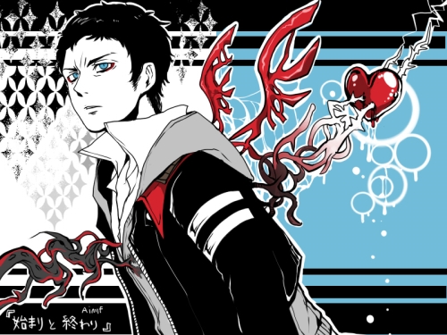 1boy, aimf, alex_mercer, artist_name, black_hair, blue_eyes, heart, hood_down