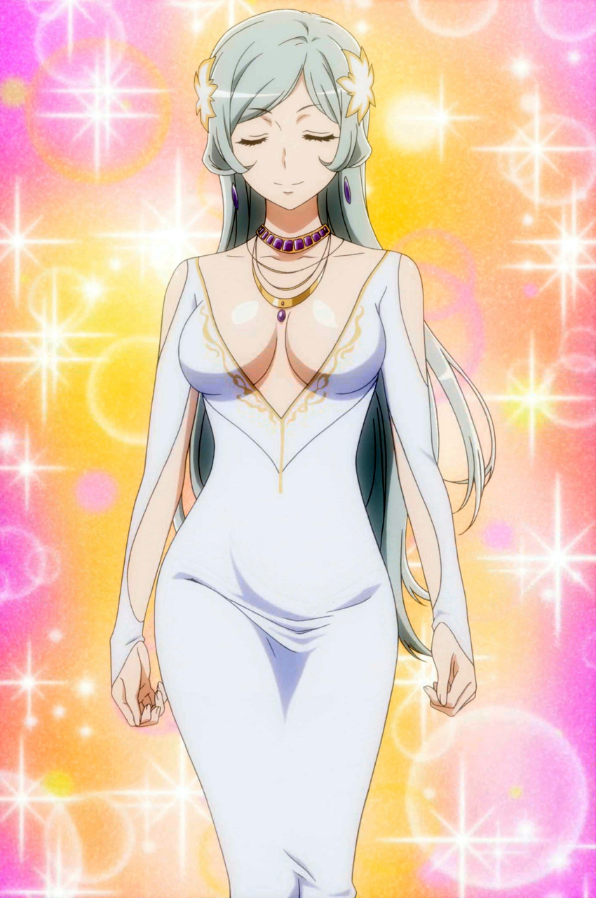 1girl, absurdres, breasts, cleavage, closed_eyes, collarbone, dress, dungeon_ni_deai_wo_motomeru_no_wa_machigatteiru_darou_ka