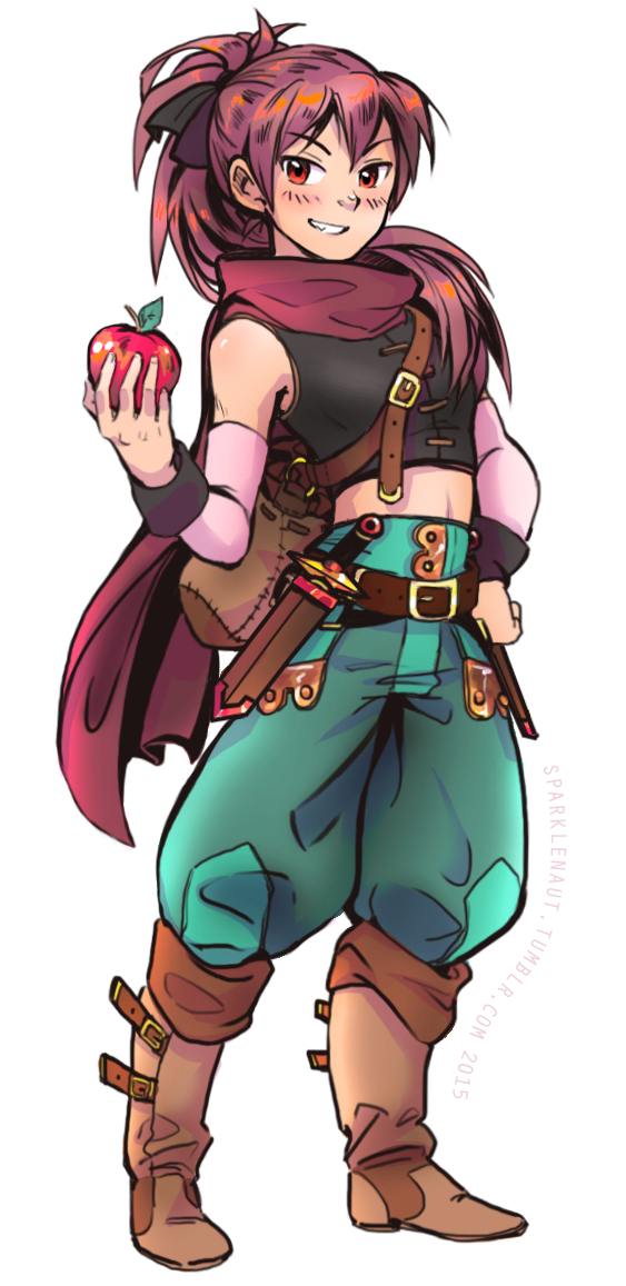 1girl, apple, baggy_pants, blush, boots, dagger, ddhew, fantasy