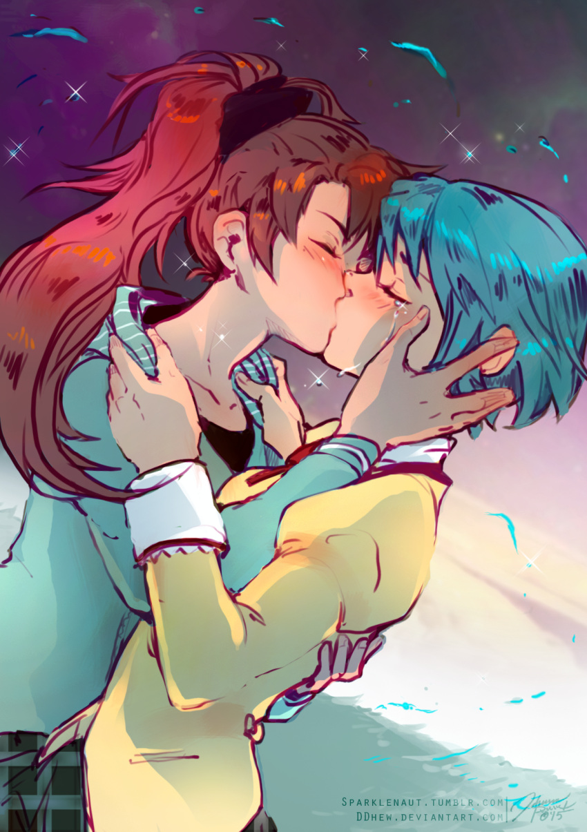 2girls, blue_hair, closed_eyes, ddhew, happy_tears, highres, kiss, mahou_shoujo_madoka_magica, miki_sayaka, multiple_girls, ponytail, redhead, sakura_kyouko, school_uniform, short_hair, tears, yuri