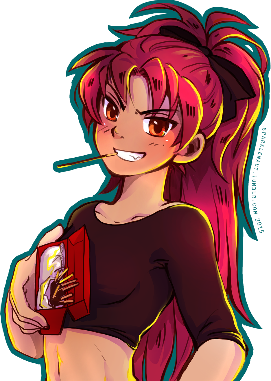 1girl, crop_top, ddhew, grin, highres, long_hair, looking_at_viewer, mahou_shoujo_madoka_magica