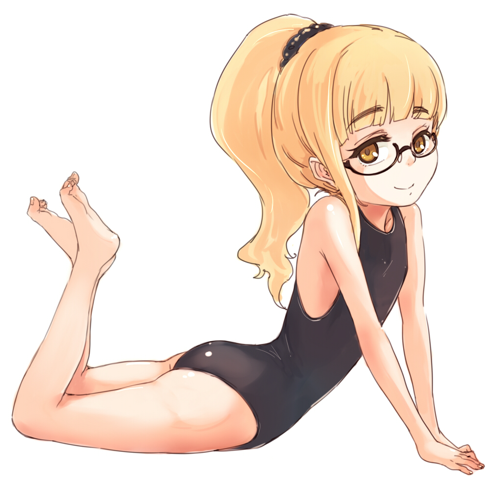 1girl, alternate_hairstyle, black-framed_glasses, black_swimsuit, blonde_hair, glasses, long_hair, lying