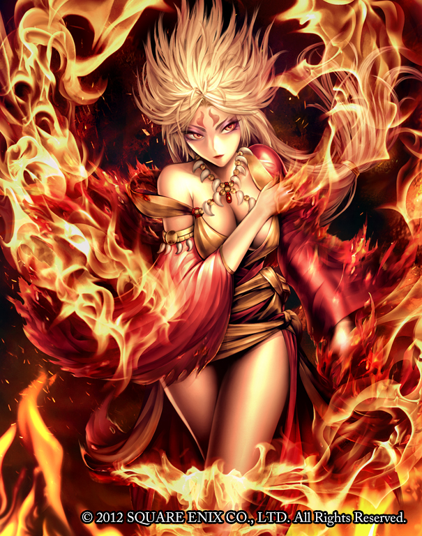 1girl, 2012, blonde_hair, breasts, cleavage, facial_mark, fire, forehead_mark, guardian_cross, long_hair, official_art, orange_eyes, raypass, red, solo, spiky_hair, square_enix
