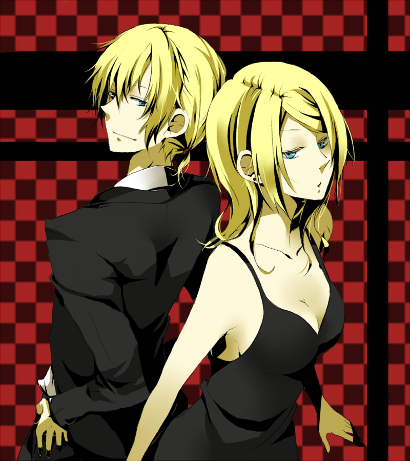 back-to-back, back_to_back, bad_id, black_dress, blonde_hair, blue_eyes, breasts, cleavage