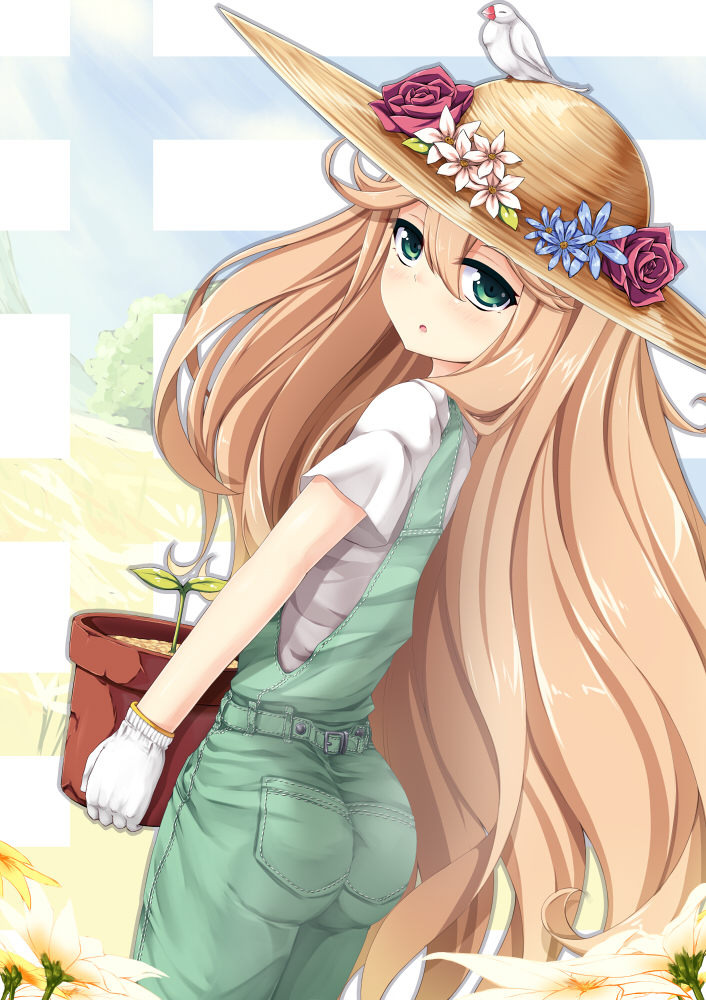 amau_(kosmos), ass, bird, brown_hair, carrying, flower, flower_pot, from_behind