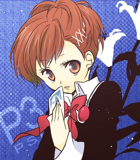 brown_hair, card, female_mc_(persona_3), female_protagonist_(persona_3), holding, holding_card, persona, persona_3