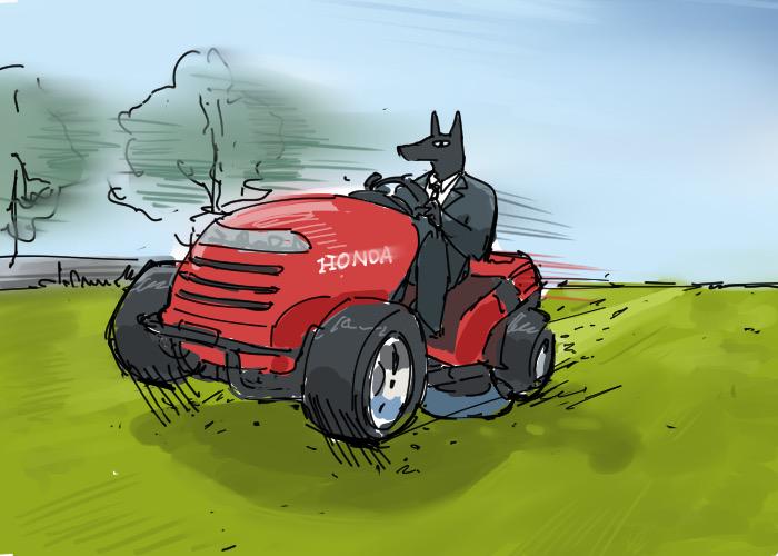 anubis, egyptian_mythology, formal, lawnmower, mofuka, parody, racing, suit