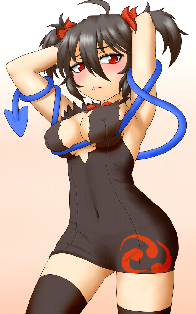 1girl, adapted_costume, ahoge, armpits, arms_up, asymmetrical_wings, black_dress, black_hair