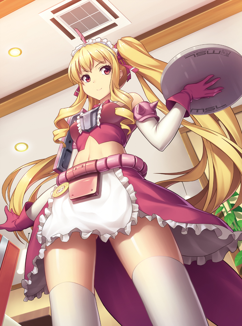 apron, athrun1120, bare_shoulders, blonde_hair, detached_sleeves, drill_hair, from_below, gloves