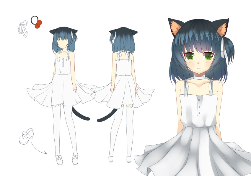 1boy, animal_ears, bare_shoulders, black_hair, black_legwear, blue_hair, cat_ears, cat_tail