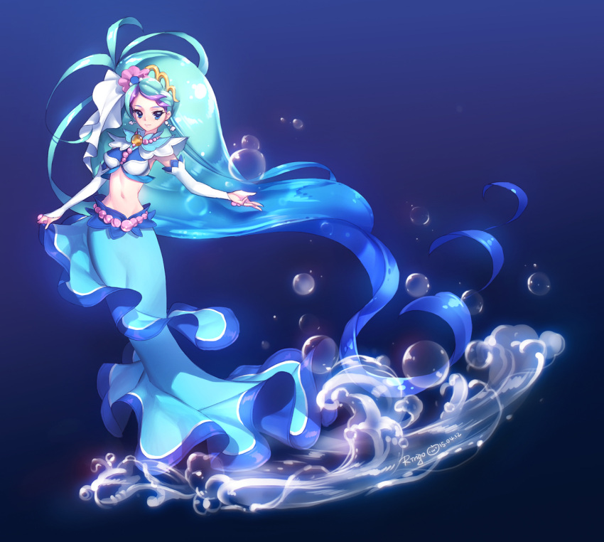 1girl, artist_name, blue_background, blue_eyes, blue_hair, bubble, cure_mermaid, earrings