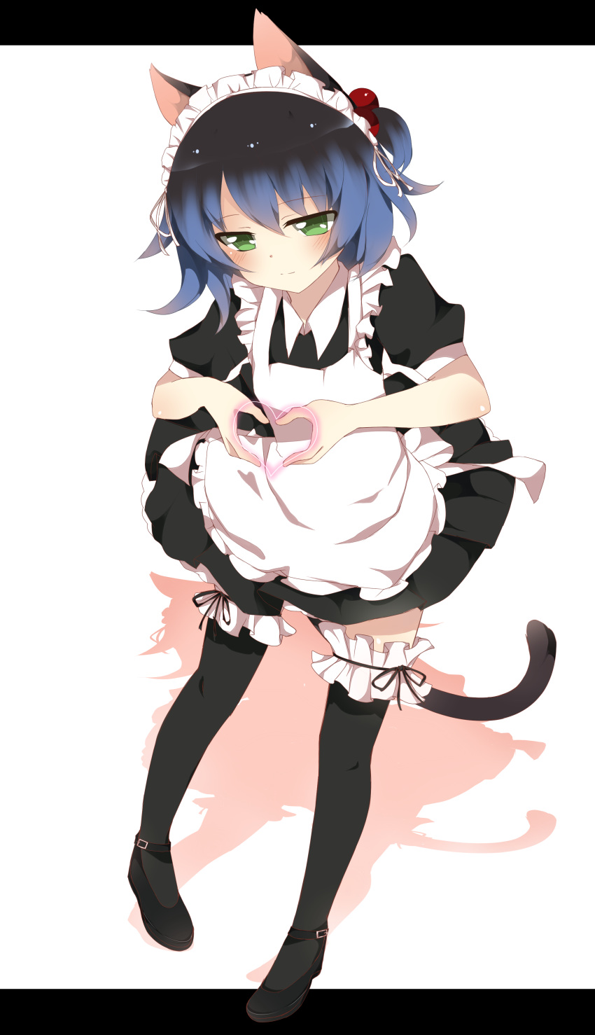 1boy, absurdres, animal_ears, apron, black_hair, black_legwear, blue_hair, blush
