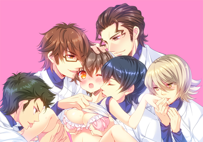 1girl, 5boys, ace_of_diamond, black_hair, blonde_hair, blush, bra, breast_grab