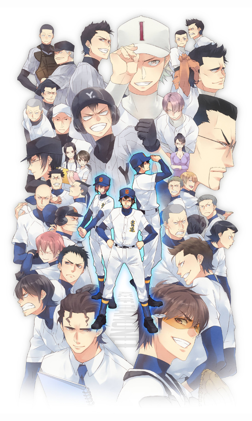ace_of_diamond, akiba_kazuma, baseball_cap, baseball_mitt, baseball_uniform, black_hair, brown_hair, fujiwara_takako