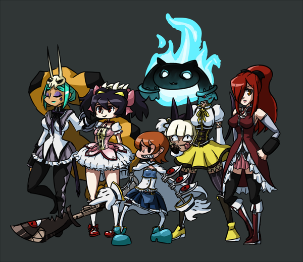 5girls, akemi_homura_(cosplay), cerebella_(skullgirls), christine_marie_cabanos, cristina_valenzuela, crossover, filia_(skullgirls), gun