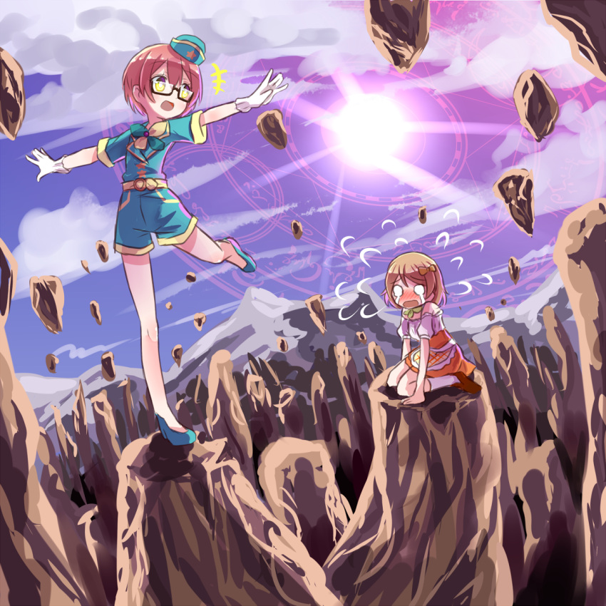 2girls, bare_legs, belt, blue_shoes, blush, bow, brown_hair, crying