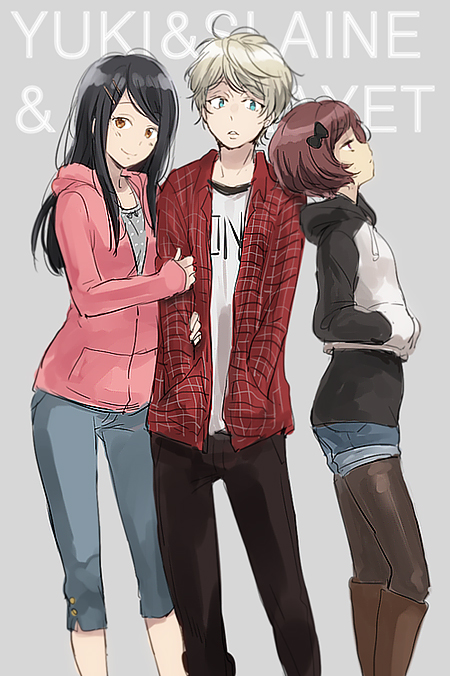 1boy, 2girls, aldnoah.zero, black_hair, blonde_hair, casual, flannel, hoodie