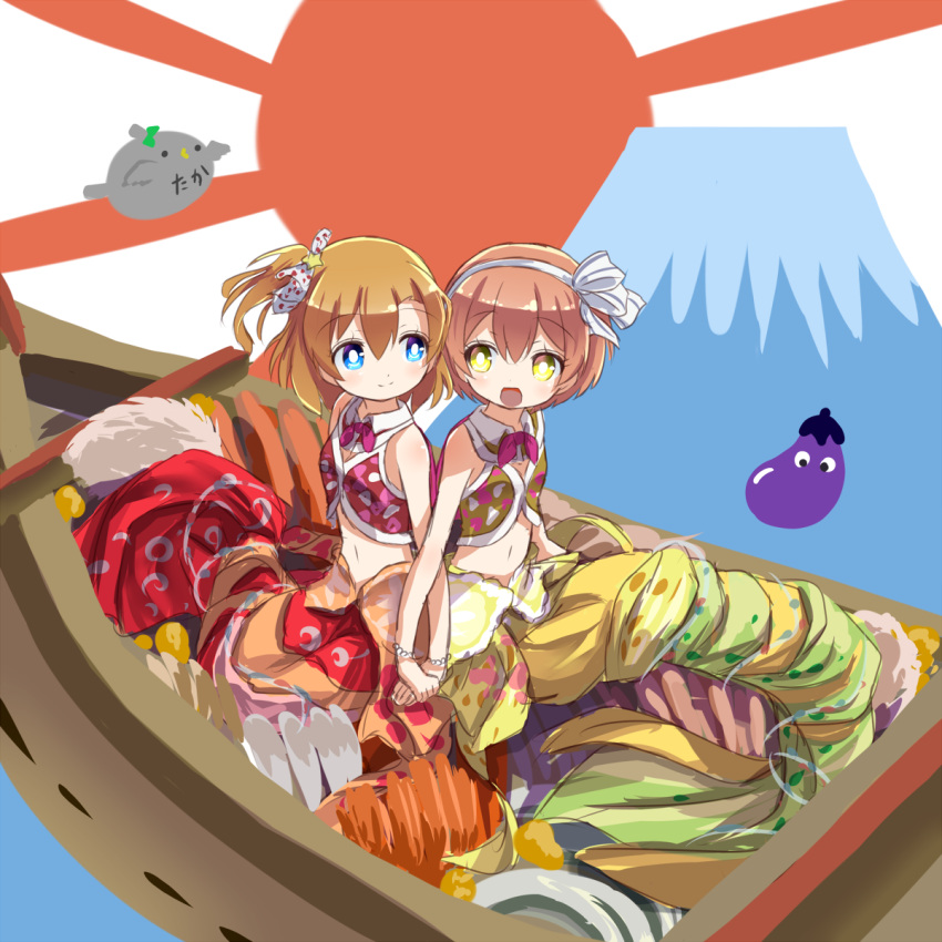 2girls, blue_eyes, boat, brown_hair, eggplant, eye_contact, hair_ribbon, hatsuyume