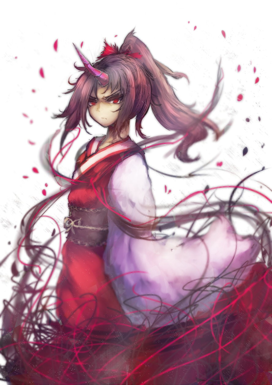 1girl, black_hair, bow, highres, horn, japanese_clothes, konngara, long_hair, petals, red_eyes, ribbon, solo, touhou, touhou_(pc-98), yuxyon