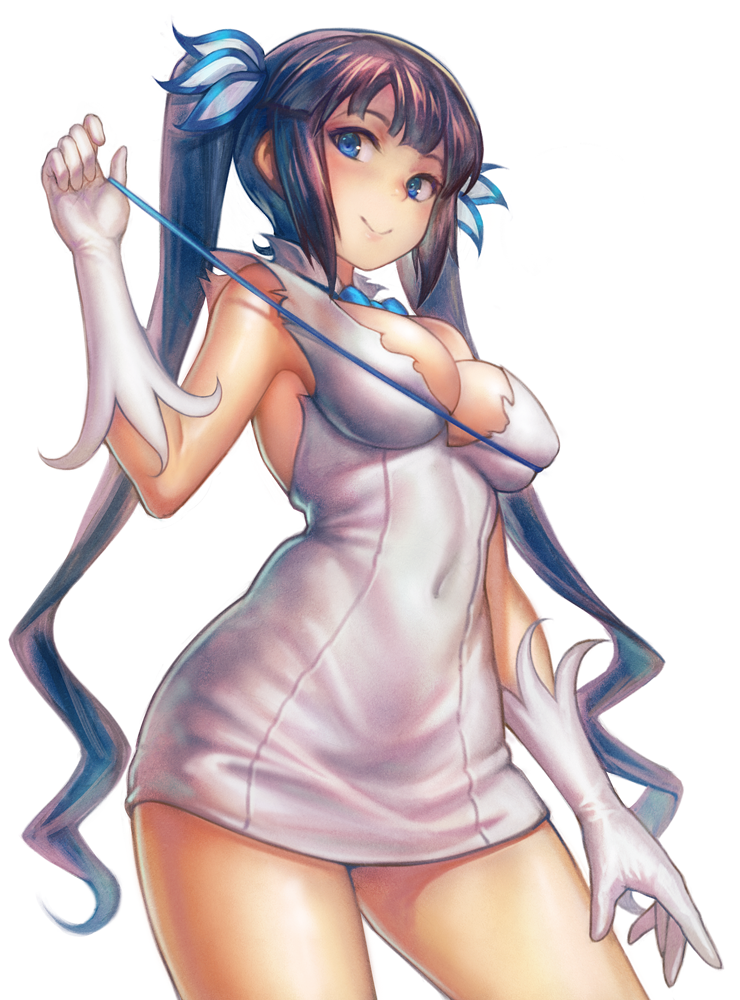 1girl, black_hair, blue_eyes, breasts, cleavage, dress, dungeon_ni_deai_wo_motomeru_no_wa_machigatteiru_darou_ka, gloves