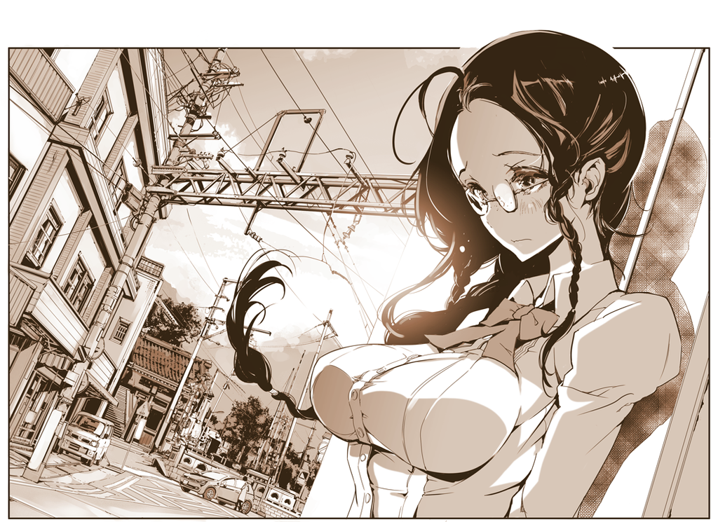 1girl, ahoge, blush, bow, braid, building, car, clouds, dress_shirt, endou_okito, freckles, glasses, long_hair, long_sleeves, motor_vehicle, original, road, scenery, sepia, shirt, sign, sky, solo, street, taut_clothes, taut_shirt, twin_braids, utility_pole_(object), vehicle