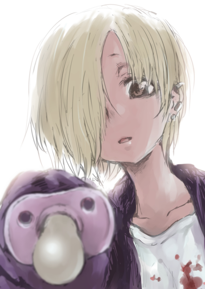 1girl, bags_under_eyes, blonde_hair, brown_eyes, dokuromarup, earrings, hair_over_one_eye, hoodie