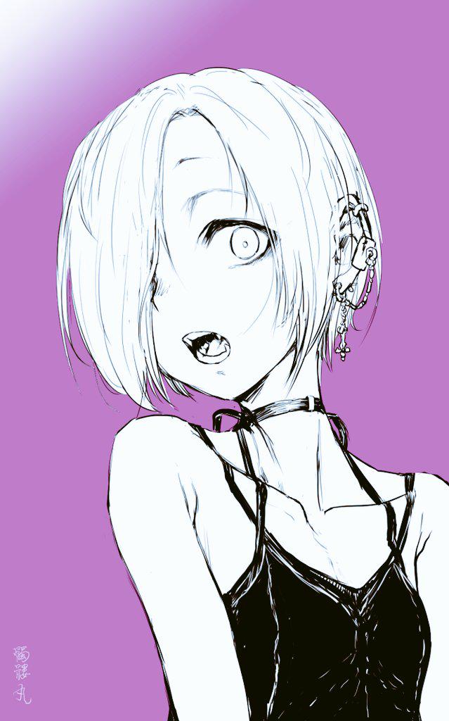 1girl, bags_under_eyes, bare_shoulders, choker, dokuromarup, earrings, fang, hair_over_one_eye