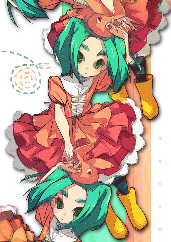 aqua_hair, bakemonogatari, eyebrows, furu_(retr0e), green_eyes, hat, monogatari_(series), multiple_persona, ononoki_yotsugi, short_hair, striped, striped_legwear, twintails