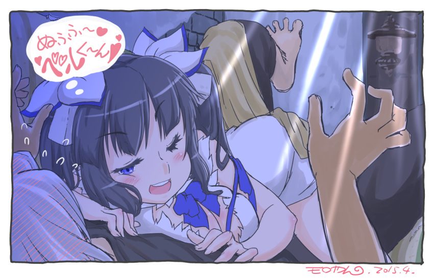 1boy, 1girl, bell_cranel, black_hair, blue_eyes, blush, bow, breasts