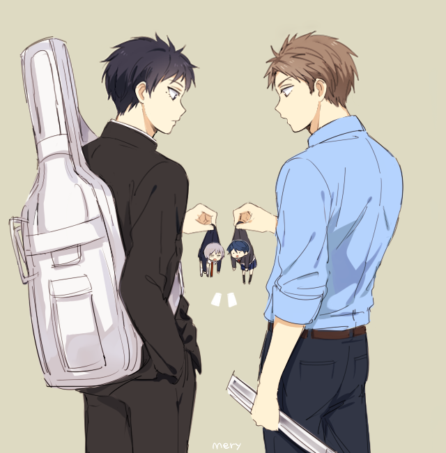 2boys, 2girls, apfl0515, ayabe_reito, black_hair, blue_hair, brown_hair, character_request