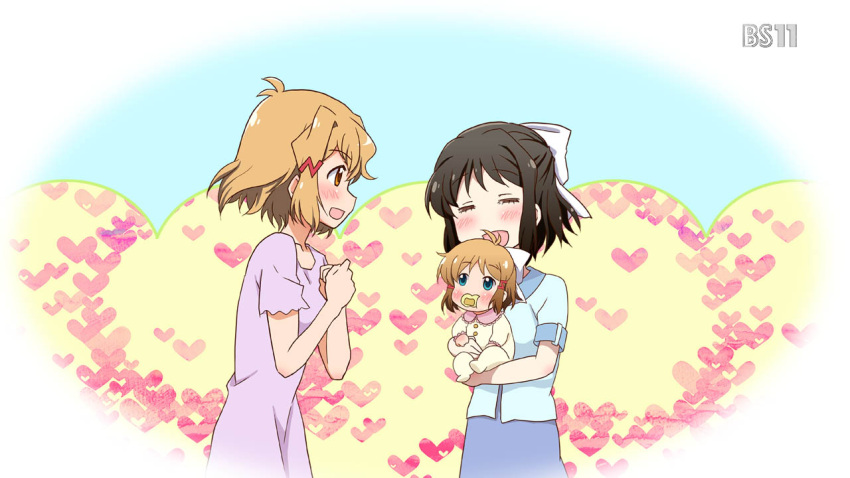 3girls, baby, black_hair, blush, hair_ornament, hair_ribbon, if_they_mated, ips_cells