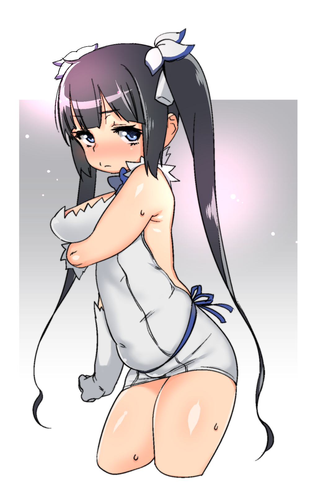 1girl, atte7kusa, belly, black_hair, blue_eyes, blush, breasts, dress