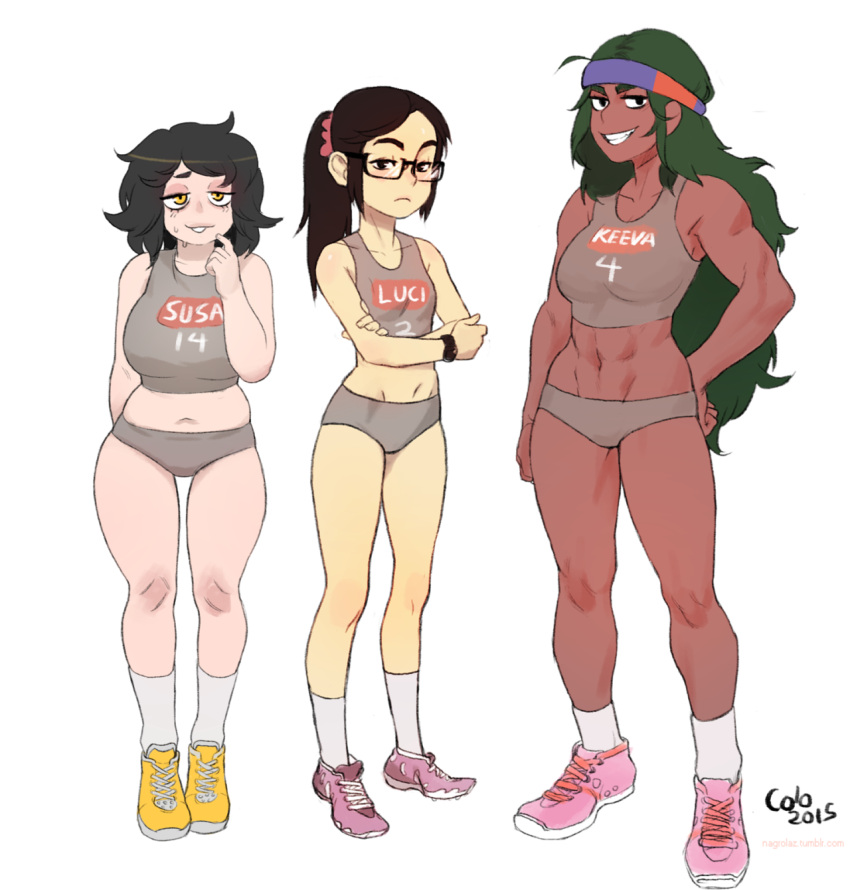 3girls, asian, bags_under_eyes, black_hair, breasts, brown_hair, character_name, colo_(nagrolaz)