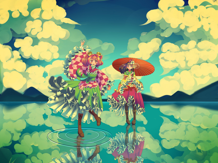 2girls, bell, blush, boots, checkered_shirt, cross-laced_footwear, culotte(96), frills