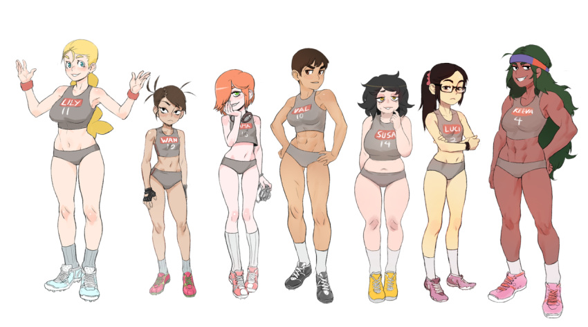 6+girls, abs, bags_under_eyes, black_hair, blonde_hair, blue_eyes, blue_hair, breasts