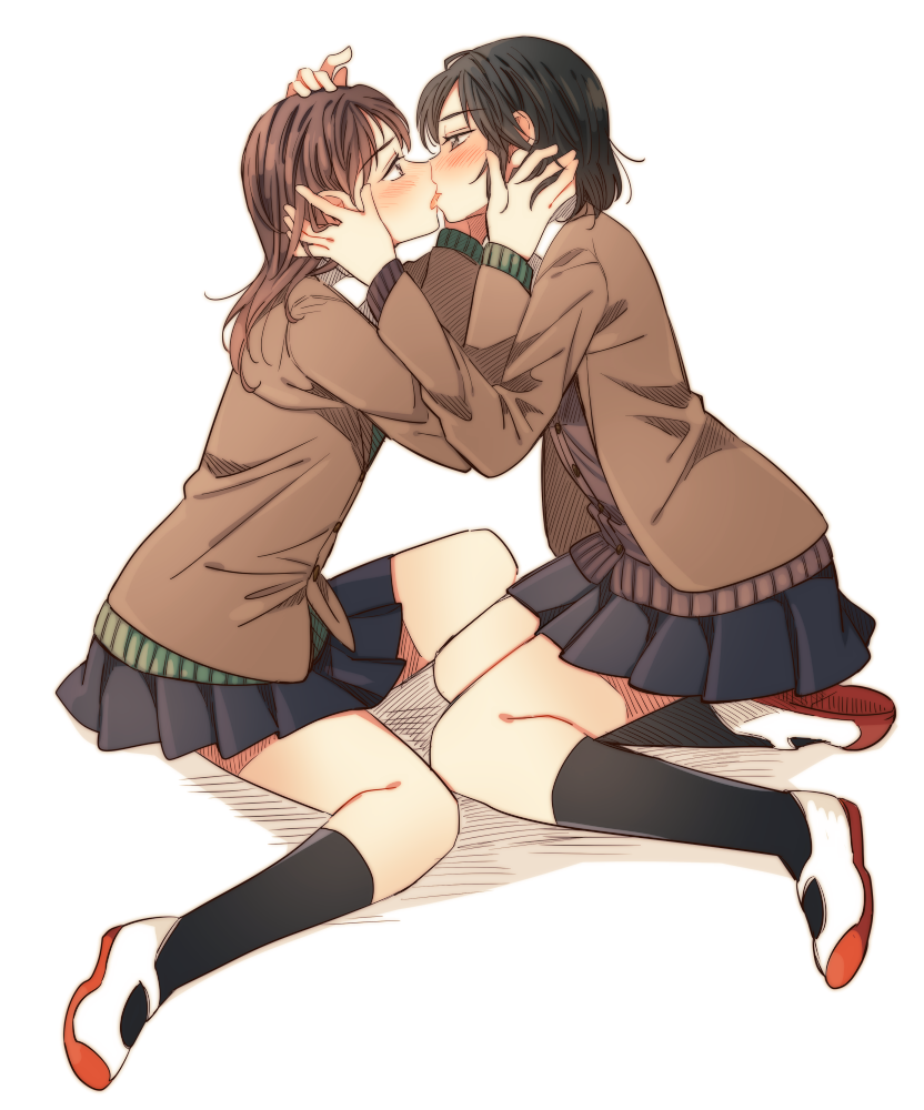 2girls, blazer, blush, french_kiss, hachiko_(hati12), kiss, long_hair, multiple_girls, original, school_uniform, short_hair, simple_background, sitting, tongue, white_background, yuri