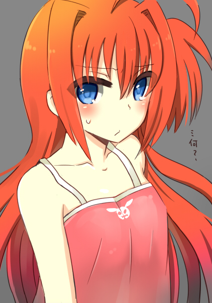 1girl, ahoge, bare_shoulders, blue_eyes, blush, bunny_print, camisole, collarbone, grey_background, hair_down, long_hair, lyrical_nanoha, mahou_shoujo_lyrical_nanoha, mahou_shoujo_lyrical_nanoha_a's, mikaze, orange_hair, simple_background, solo, sweatdrop, translated, translucent_hair, vita