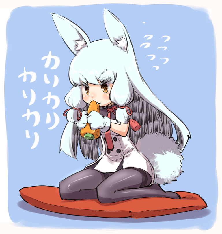 1girl, animal_ears, blue_hair, bunny_tail, carrot, cushion, eating, fang