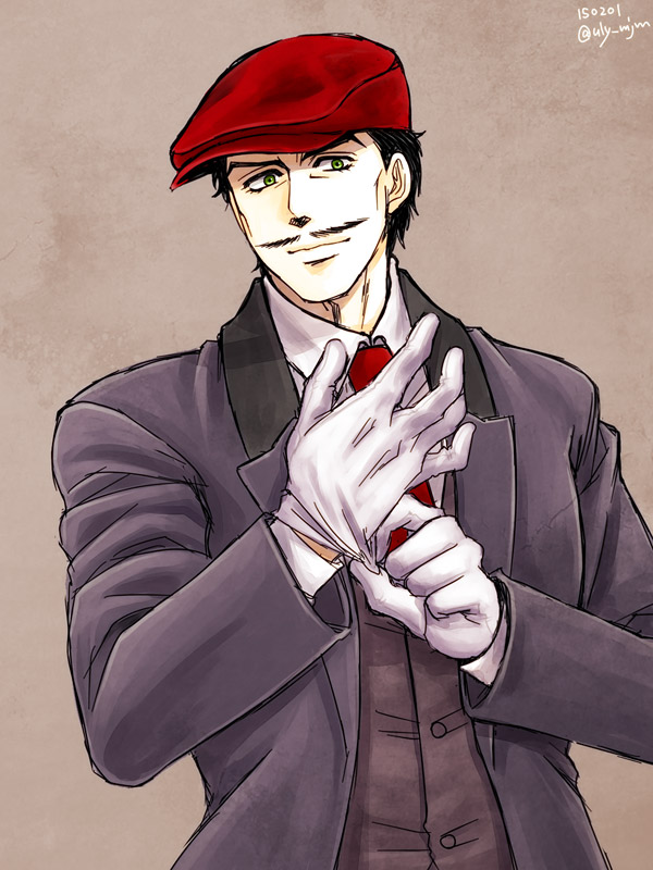 1boy, adjusting_clothes, adjusting_gloves, cabbie_hat, facial_hair, gloves, hat, jojo_no_kimyou_na_bouken