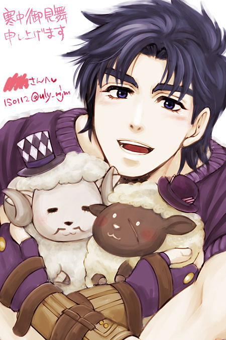 1boy, animalization, black_hair, blue_eyes, blue_hair, jojo_no_kimyou_na_bouken, jonathan_joestar, male_focus