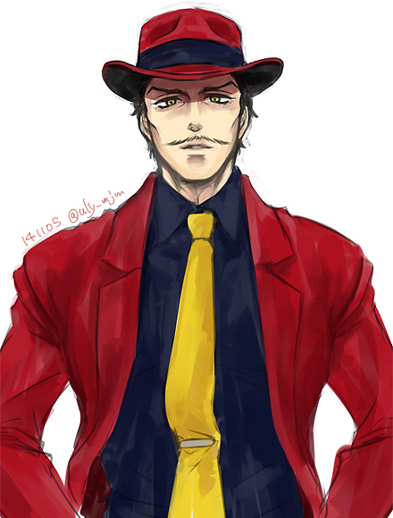 1boy, black_hair, facial_hair, hat, jojo_no_kimyou_na_bouken, male_focus, miyabi_(run), mustache