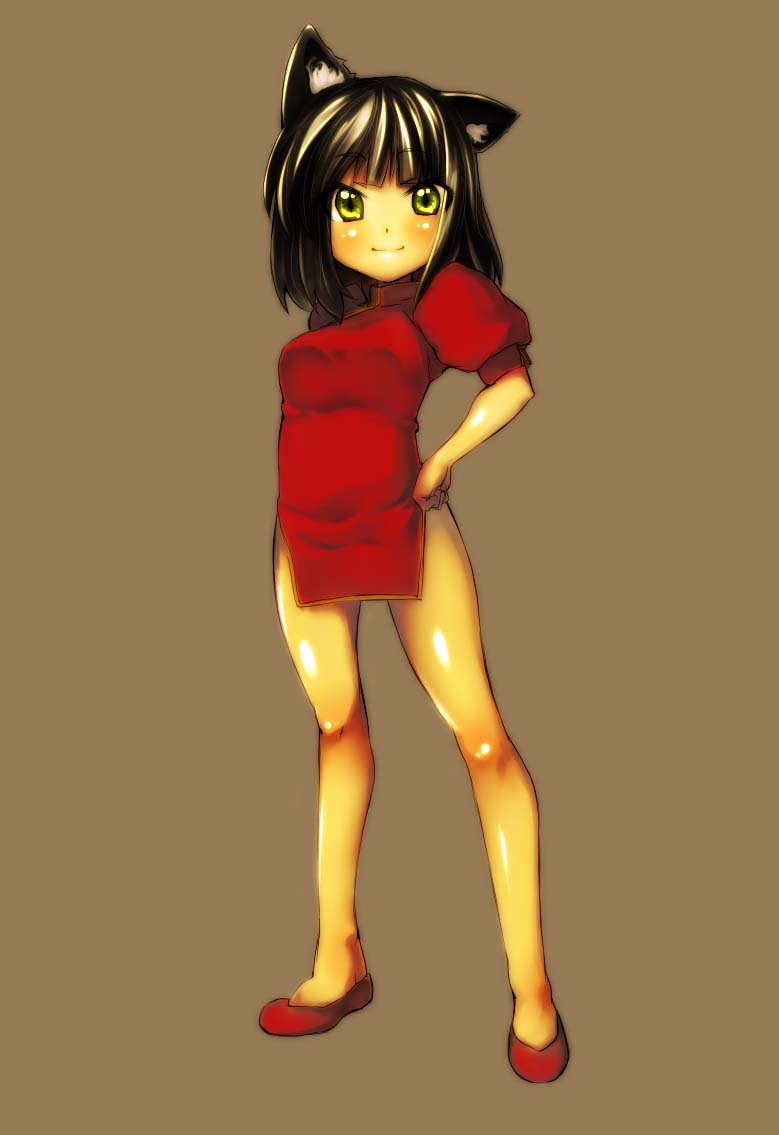 1girl, animal_ears, black_hair, cat_ears, china_dress, chinese_clothes, dress, green_eyes