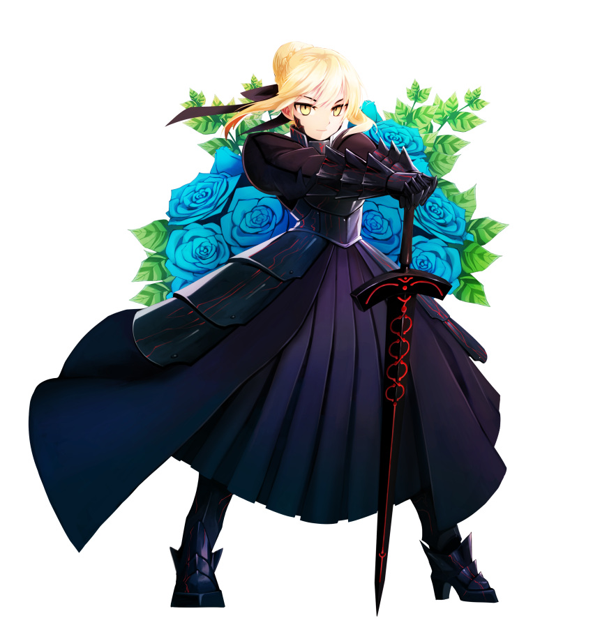 1girl, absurdres, armor, armored_dress, blonde_hair, blue_rose, dark_excalibur, dress
